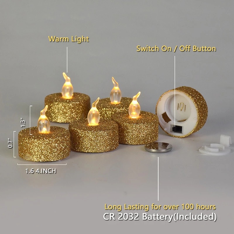 Ornamen Lilin Led Tanpa Api Warna Emas Glitter Tenaga Baterai Untuk Dekorasi Meja