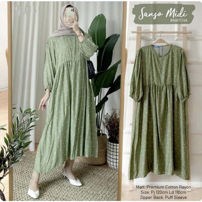 SANSO MIDI DRESS - DRESS RAYON MOTIF - DRESS BUSUI KATUN - HOMEY DRESS - MIDI DRESS POLKA KATUN RAYO