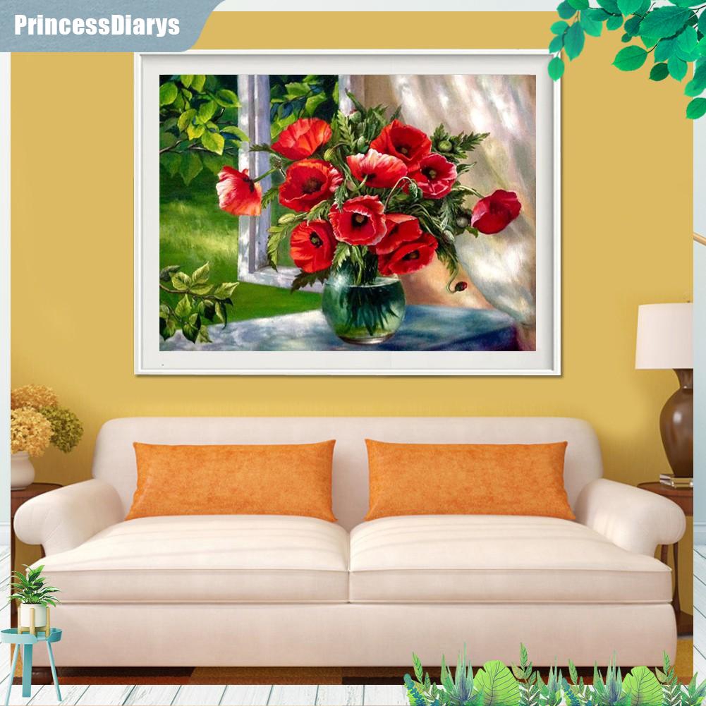 DIY Lukisan Diamond 5D dengan Gambar  Vas  Bunga Warna Merah 