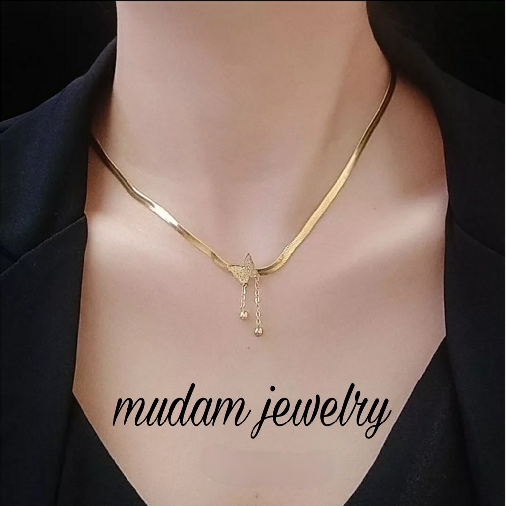 Kalung Rantai Belut Titanium Model Kupu - Kupu Rumbai Tersedia Warna Gold, Rose Gold dan Silver
