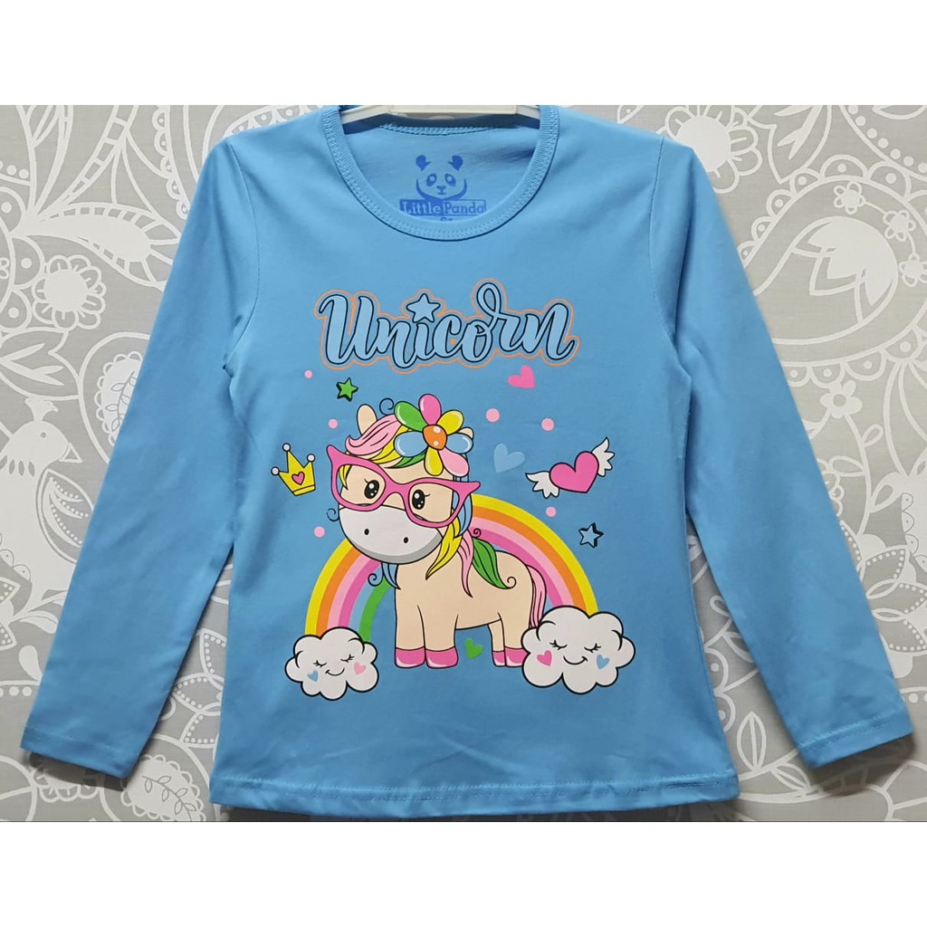 RKA - KLGCe Kaos Lengan Panjang Anak Karakter Unicorn Bunga Pelangi Biru