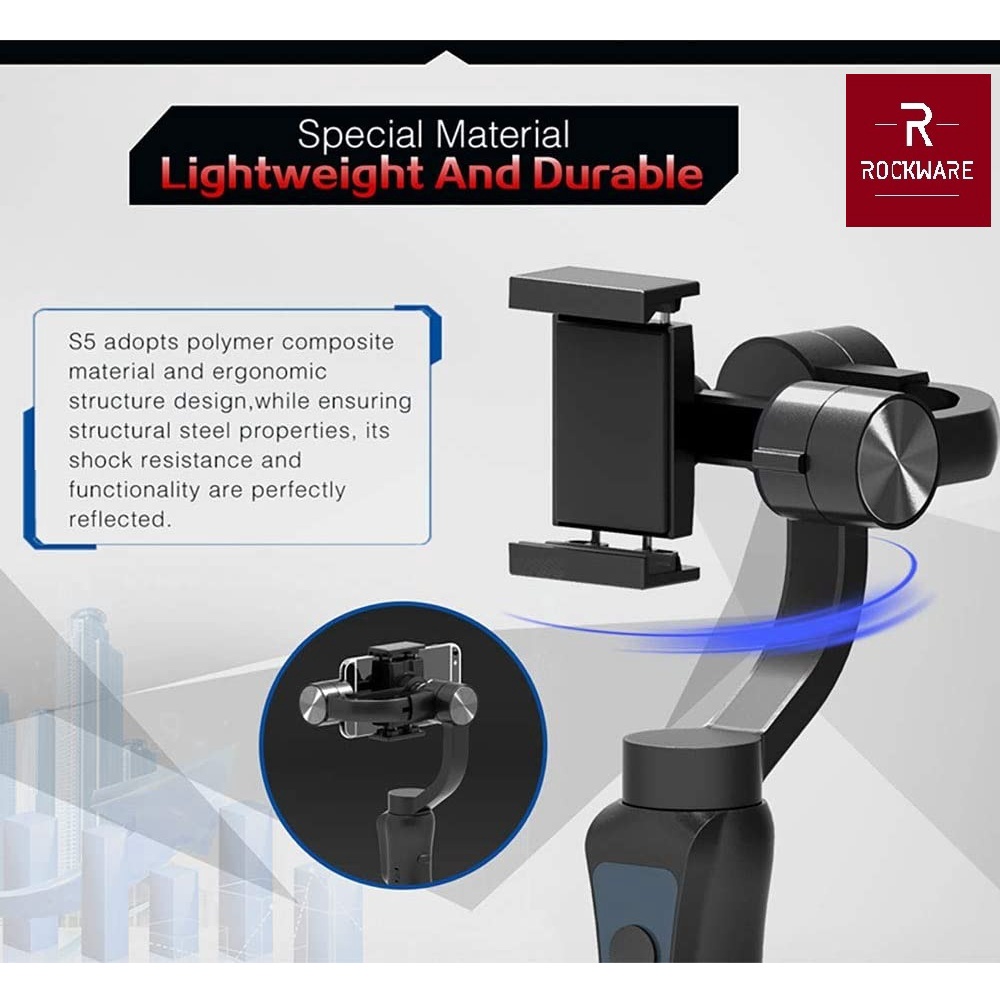 ROCKWARE RW-S5 - 3-Axis Handheld Stabilizer - Gimbal Smartphone