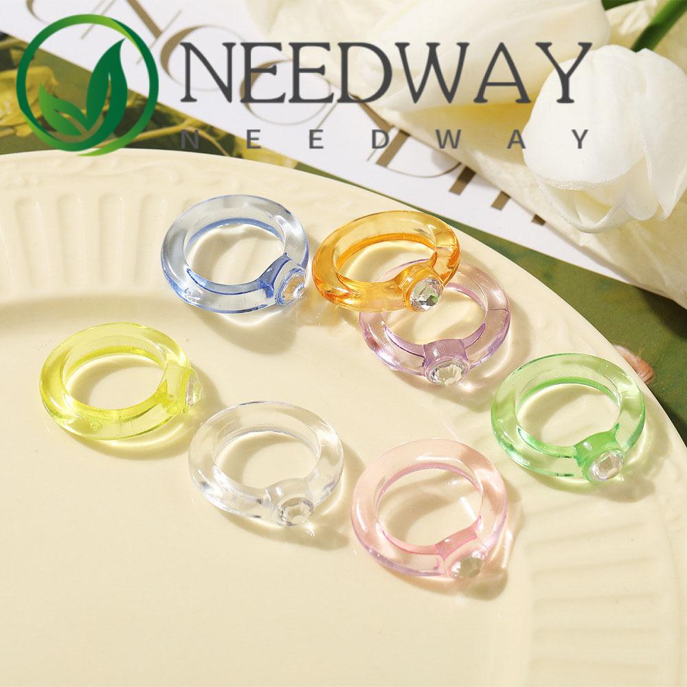 Needway  Gifts Rings 2021 New Style Joint Ring Finger Ring Cute Lovely Acrylic Resin Candy Color Women Girls Diamond Rhinestone Fashion Jewelry