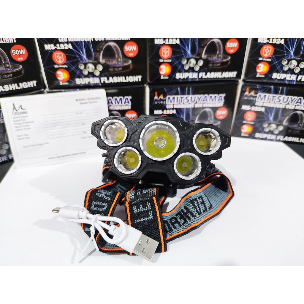 Senter Kepala 50W 5LED Headlight LED USB 50W+10W Senter Kepala 3 Mode Cahaya L - T21