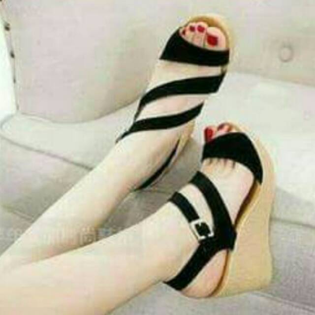 NunuLisaTan - Sepatu Hak Tali Wedges Wanita Terbaru FINALE 7cm hitam