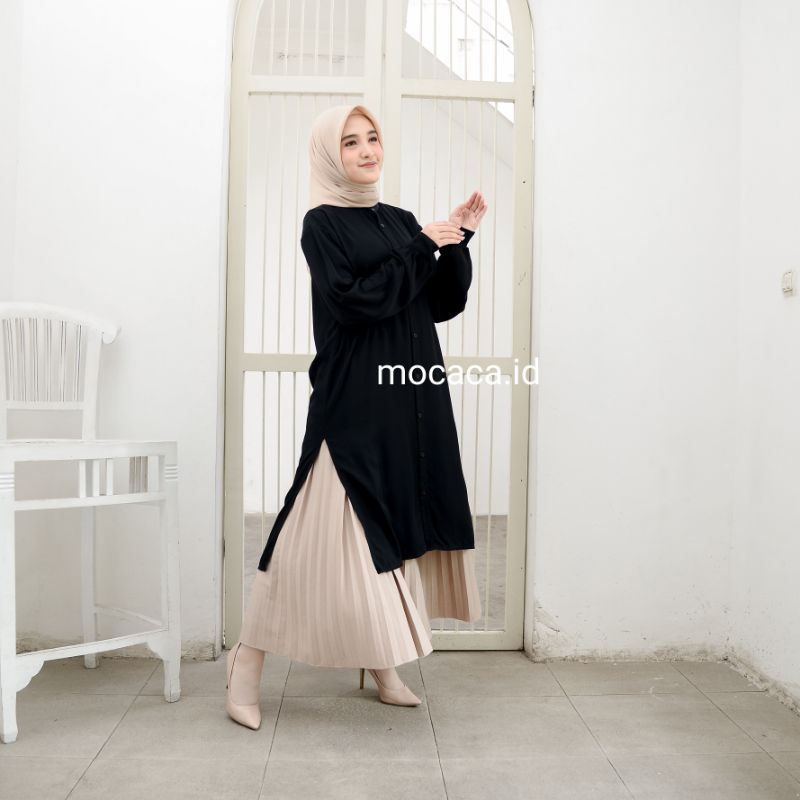 Tunik Slit Polos Hitam Katun Rayon Twill Premium Kancing Depan Belakang Lengan Kemeja ukuran bigsize