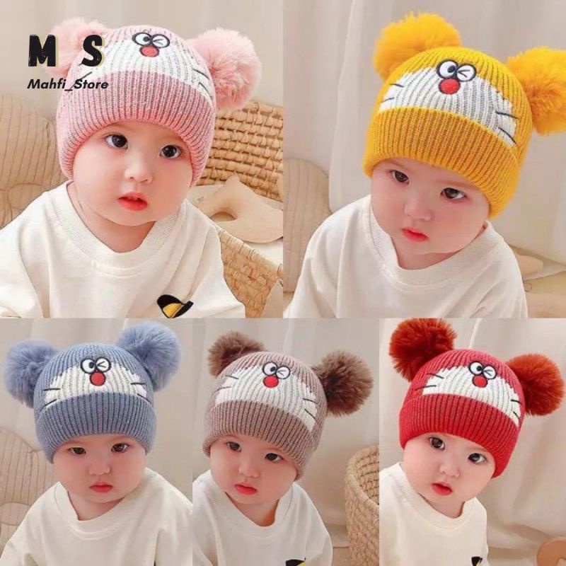 topi kupluk bayi cewek cowok topi anak pompom motif doraemon custom nama