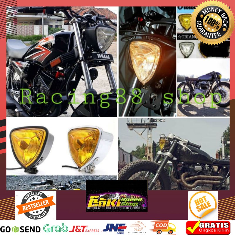 MURAH Reflektor Segitiga Head Lamp/Lampu Depan Triangle Chrome Kuning Variasi Motor Custom Motor OLD