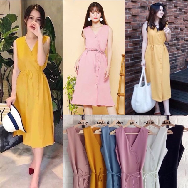 Dress wanita midi casual korean dusty pink blue lengan buntung hitam fashion murah SL323 korean gaun