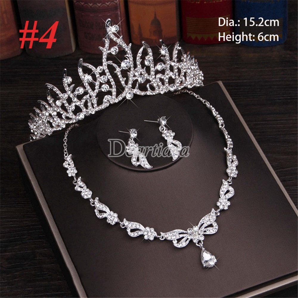 Mahkota Pernikahan Tiara Anting Kalung Set, Perhiasan Pernikahan, Tiga Potong