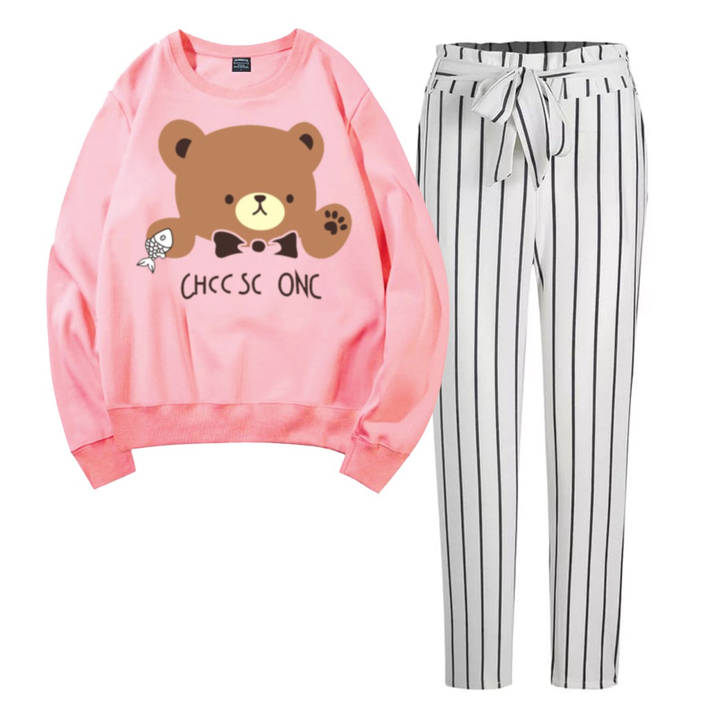 BESS - Baju Setelan Wanita Murah / Setelan Sweater + Celana Salur Putih - BEAR ONE