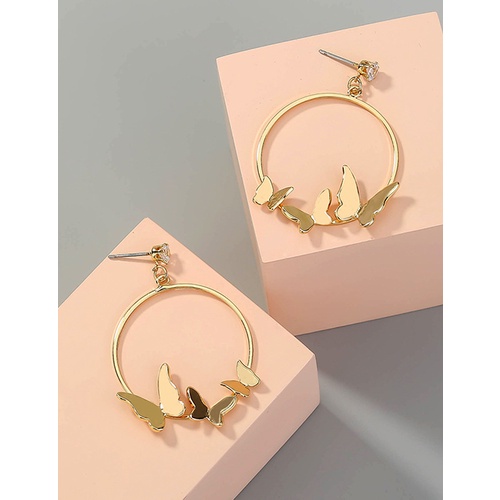 LRC Anting Tusuk Fashion Gold Color Butterfly And Diamond Round P32008