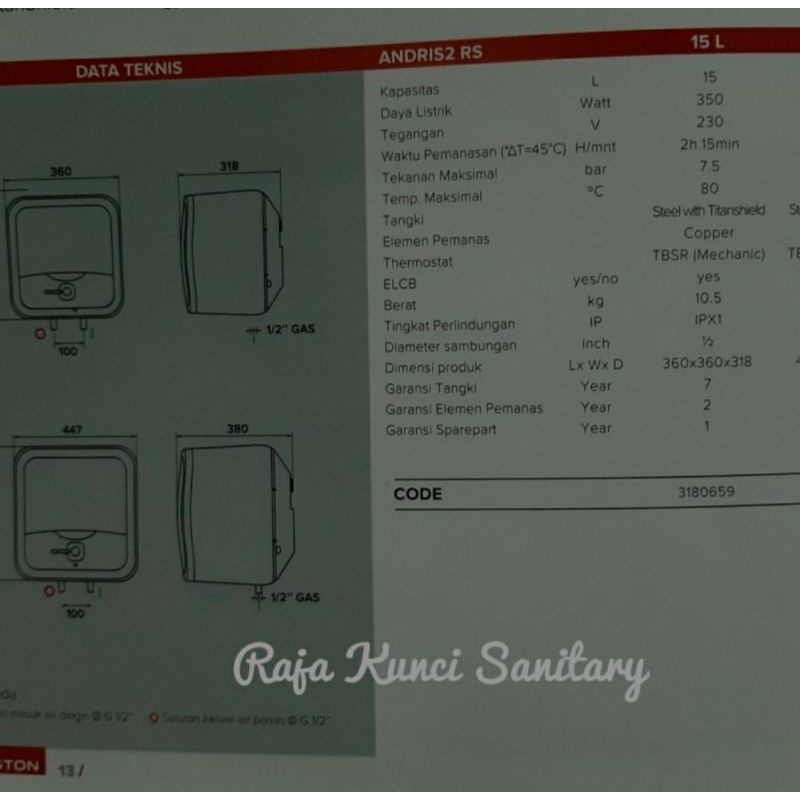 Water Heater ARISTON Andris 2 RS 15 Liter/350 Watt/Pemanas Air Listrik/Water Heater Ariston/15 Liter