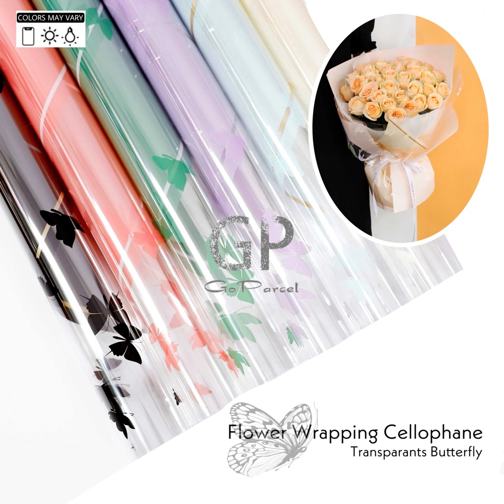 ( 5 Lembar ) TRANSPARANT BUTTERFLY - FLOWER WRAPPING PAPER TUNE COLOR KOREAN CELLOPHANE - KERTAS BUNGA PLASTIK BENING TEMBUS PANDANG KUPU KUPU CUTE LUCU / KARANGAN BUKET BOUQUET / FLORIST