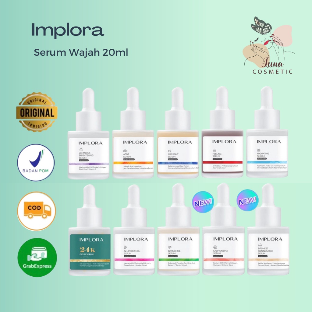 Implora Face Serum luminious Bright Serum Acne Peeling Midnight Serum Wajah Serum Muka Serum Jerawat 20ml