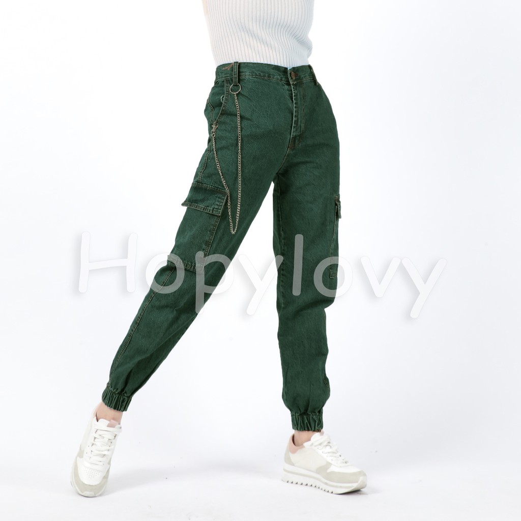 HOPYLOVY Celana  Jeans Wanita  Model Jogger Cargo  