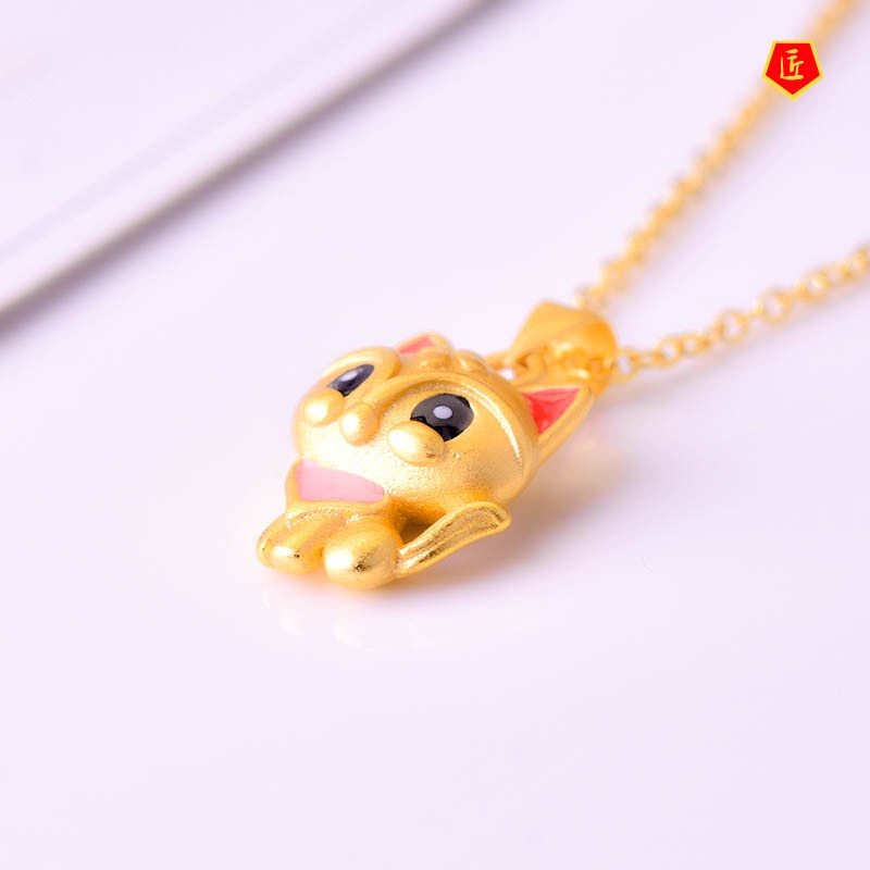 [Ready Stock]3D Gold Necklace Lucky Beads Women's Paint Cute Little Fox Pendant