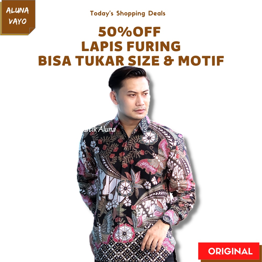 Baju Kemeja Kameja Atasan Hem Pakaian Batik Pria Lengan Panjang Kekinian Set Abu Aluna Ungu Original