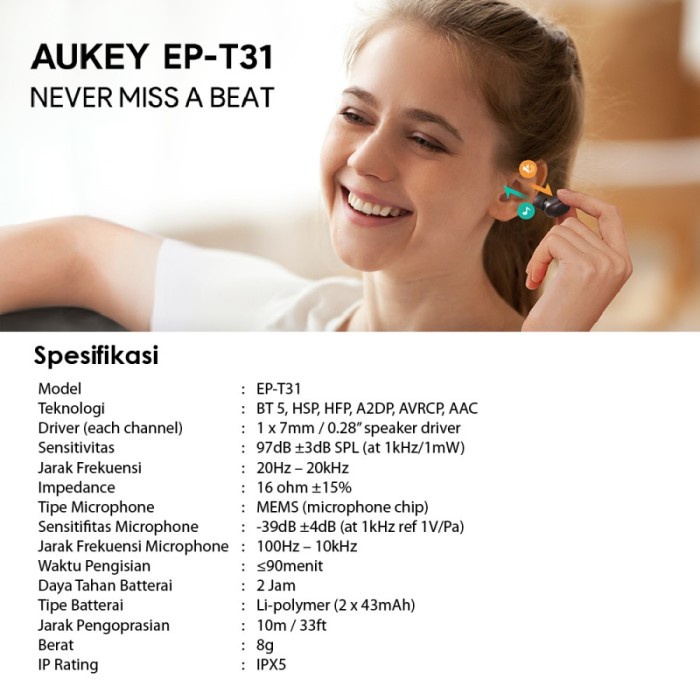 Aukey EP-T31 Headset/TWS  Wireless Charging Earbud With AAC Decodec &amp; IPX 5