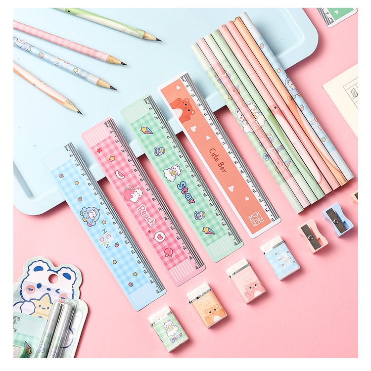 Set Alat Tulis Anak Lucu Isi Pensil Penggaris Rautan Penghapus Untuk Sekolah Belajar Motif Kucing Bear Stationary SetSouvenir Ulang Tahun Anak