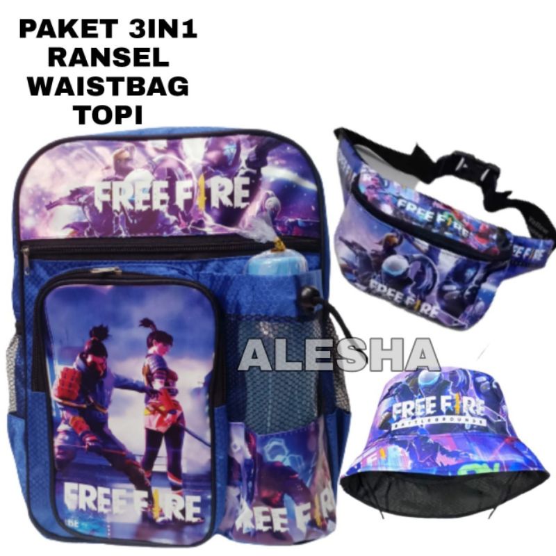 Tas Ransel Fashion Sekolah Anak Laki Laki TK SD Free fire/gratis topi BUCKET