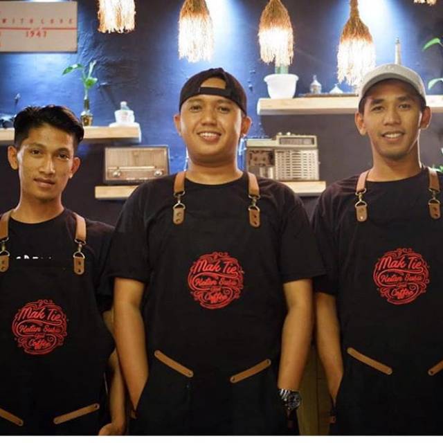 Apron Barista Celemek Cafe Apron Barbershop Denim &amp;  Synthetic Leather Crossback Strep For Barista/barbershop