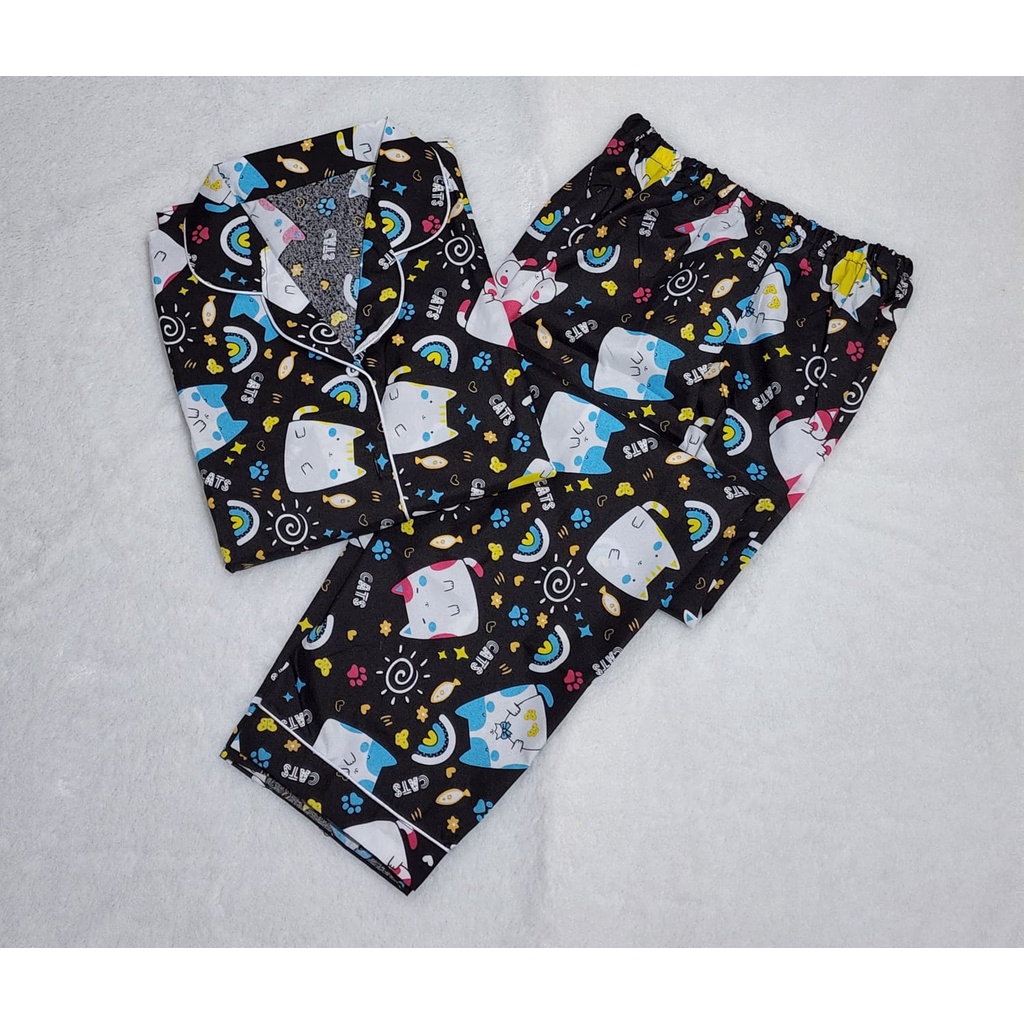 Baju Tidur Dewasa Gambar Lucu LD 104cm / Piyama Katun Lengan Pendek Celana Panjang CP-CP CAT MINI HITAM L