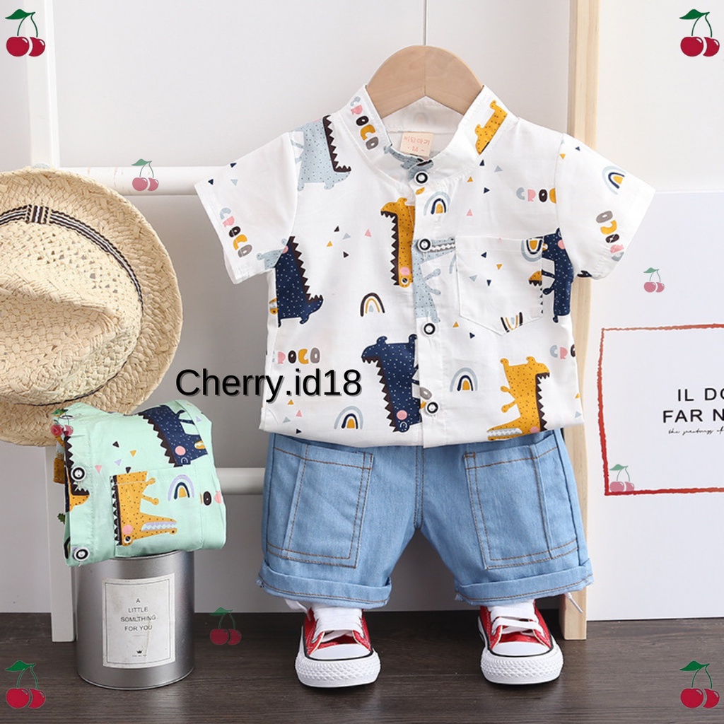 (6bln-4thn) COD Setelan Kemeja Anak Motif Dino Import / Kemeja Anak Lengan Pendek / Baju Anak Import / Kemeja Lengan Pendek Anak Import - KB19