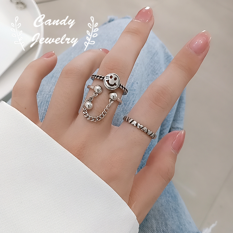 Cincin Model Terbuka Lapisan Ganda Dapat Disesuaikan Desain Smiley Gaya Retro Untuk Wanita