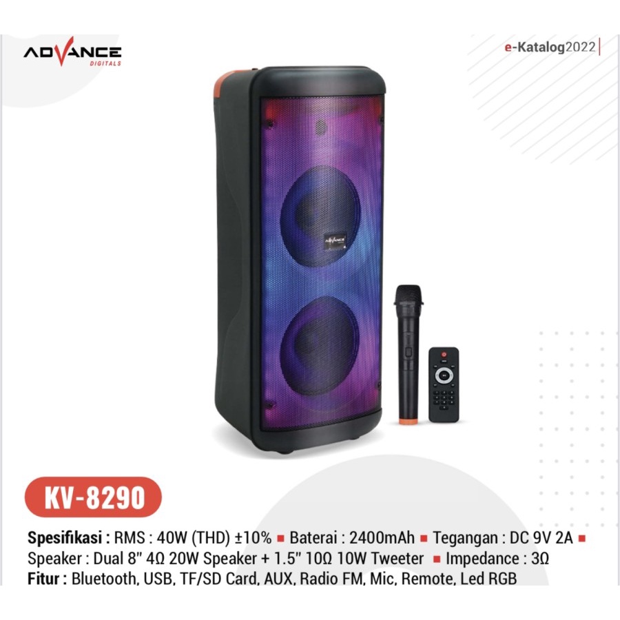 SPEAKER PORTABLE BLUETOOTH 8 INCH ADVANCE KV-8290 FREE 1 MIC WIRELESS