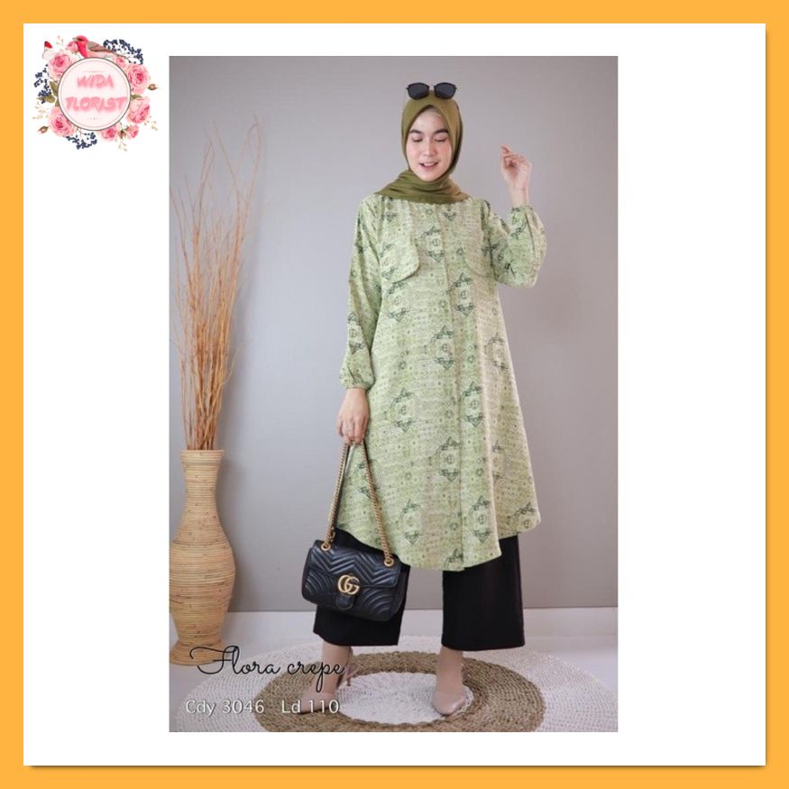 TUNIK FLORA CREPE | BAJU SYARI WANITA MUSLIM | GAMIS MUSLIM 01 - Hijau
