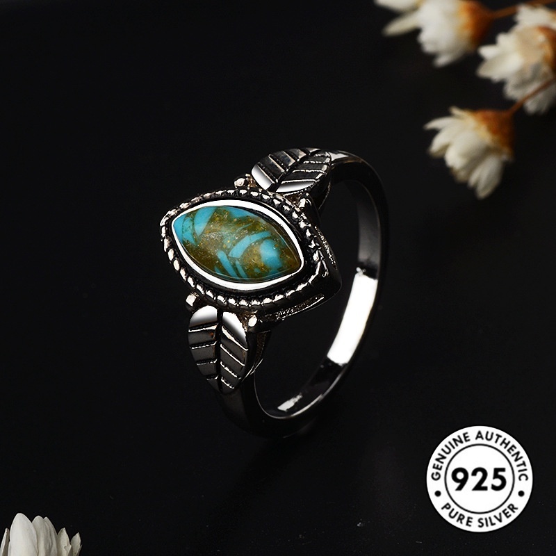 Cincin S925 Silver Bentuk Daun Turquoise Gaya Retro