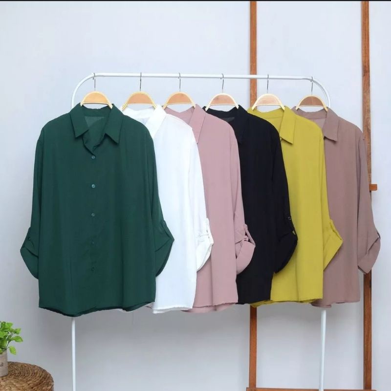 Kemeja wanita basic polos lengan panjang bahan katun