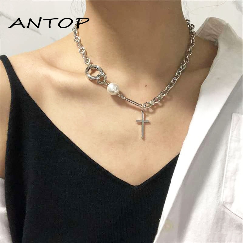 Korea Ins Cross Kalung Mutiara Clavicle Chain Aksesoris Fashion Wanita ANTOP