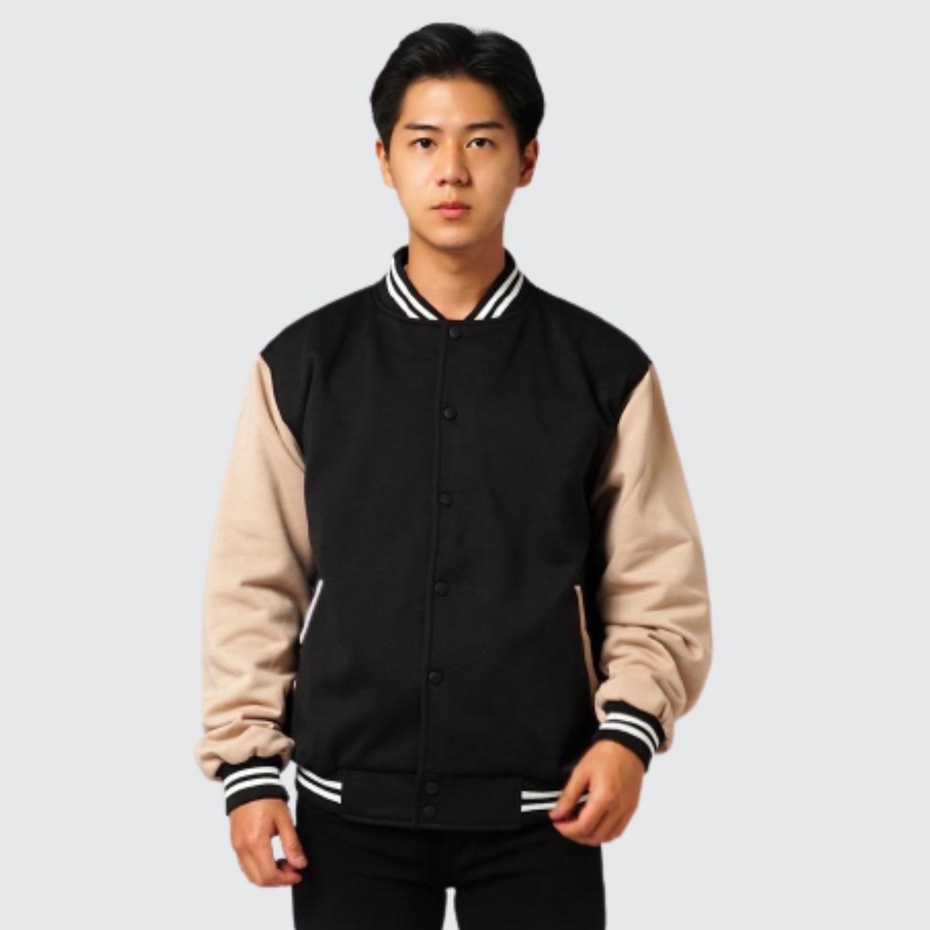 Jacket Pria Bomber Varsity Basic List Cream / Jacket Bomber Varsity / Jaket Pria Original