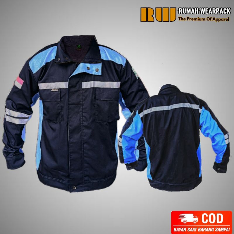 Semi Jacket Safety Wearpack Safety Jaket Kerja Atasan Navy Kombinasi Biru Langit