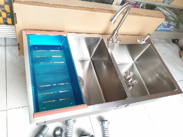 Bak cuci piring 2 lubang stainless SUS304 PAKET LENGKAP