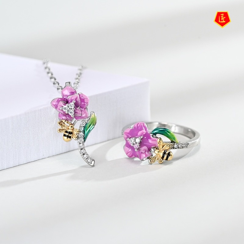 [Ready Stock]Bee Two-Tone Earrings Pink Flower Rhinestone Necklace Set for Women