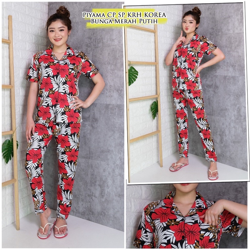 JC- PIYAMA SET Import CP / Piyama wanita Import terbaru / Piyama Import Korean Style-Flower leaf Red CP