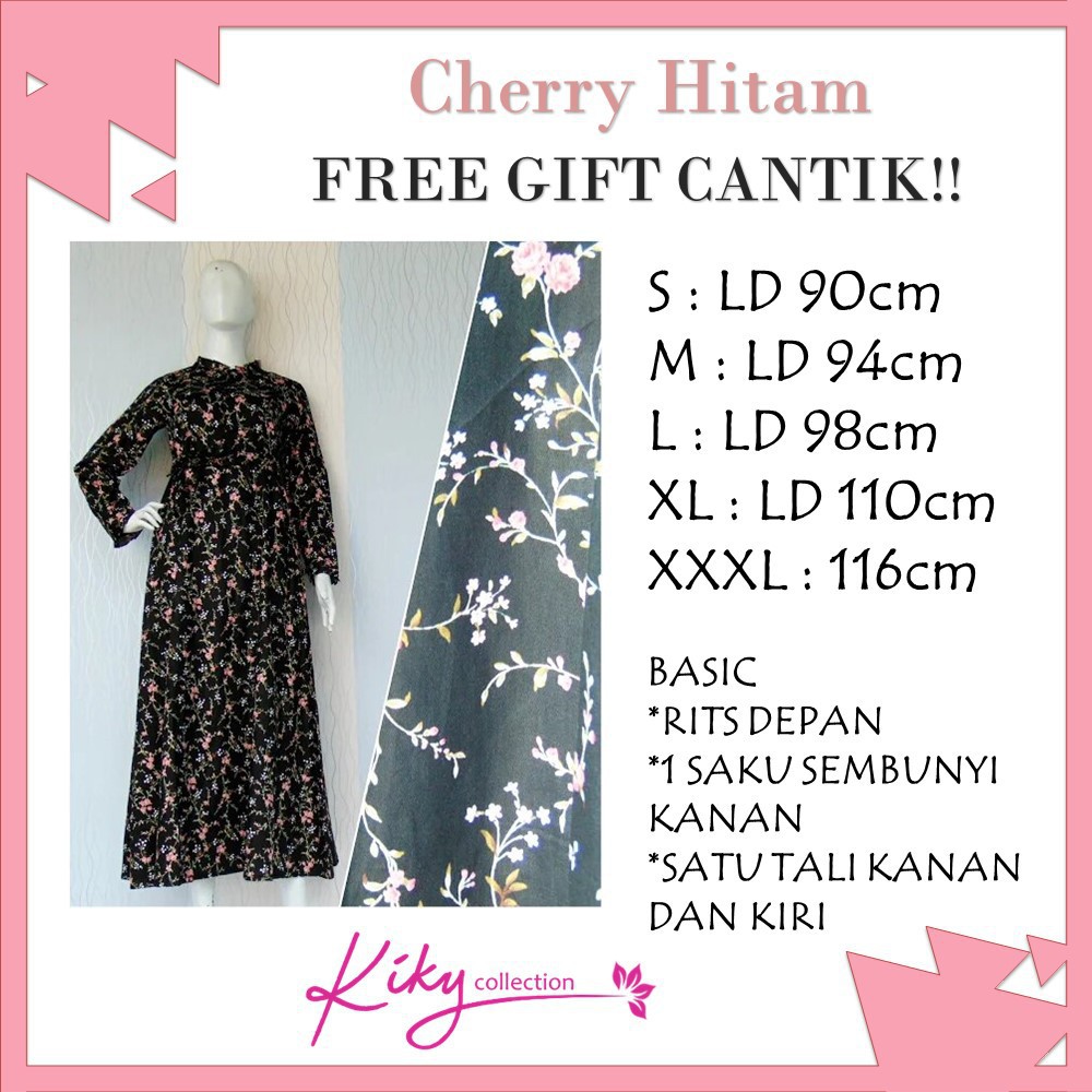 Gamis Katun Jepang Ory Cherry Motif Bunga Hitam Kecil Best Seller JUMBO DAN XL