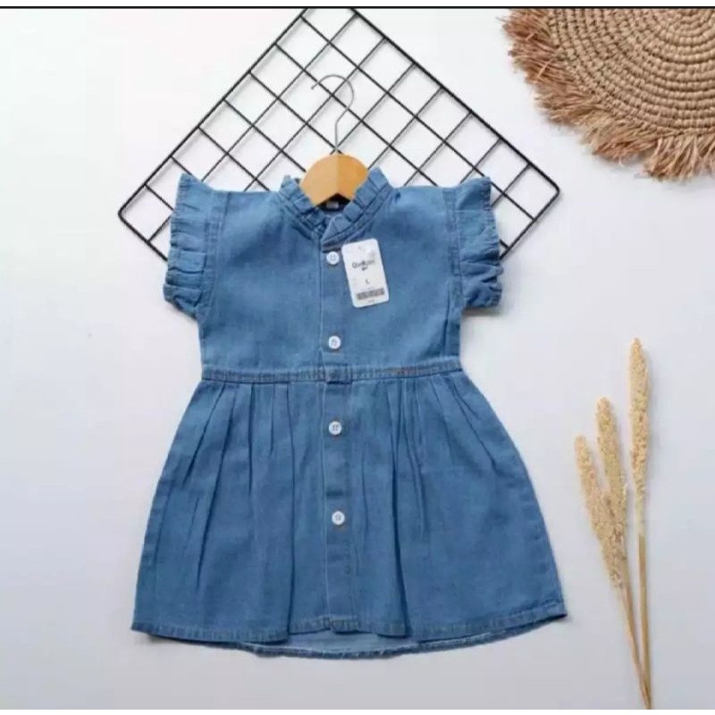 Dres jeans anak perempuan lengan Ruffle , Dress cewek tanpa lengan