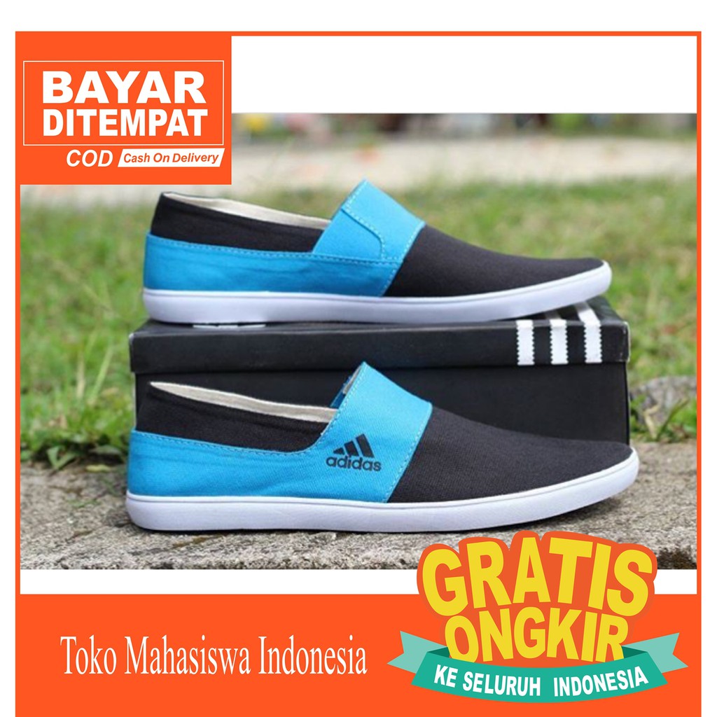 Sepatu Slip On Adidas Pria Casual Kualitas Premium - Hitam Biru Terlaris