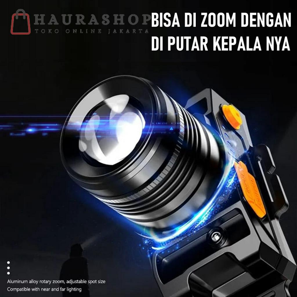 HEADLAMP SENTER KEPALA LED 50W SENSOR GERAK ZOOM PUTAR USB RECHARGEABLE