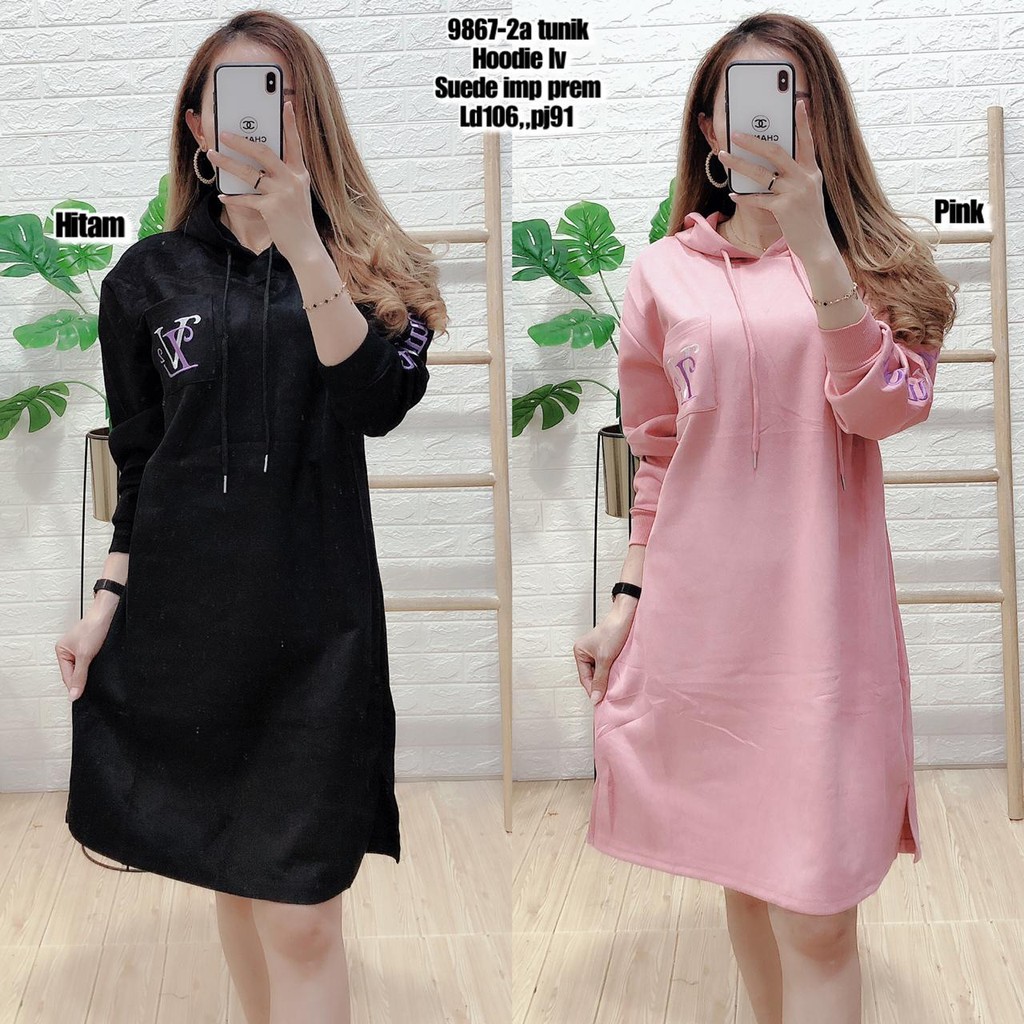 DRESS HOODIE LV TUNIK BAHAN SUEDE PREMIUM WANITA IMPORT FASHION TERUSAN WANITA LENGAN PANJANG 9867-2