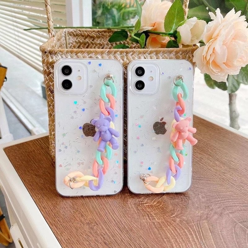 Transparan Glitter Case with Chain Pastel Bear Oppo Reno 7 6 5 4 3 2 Pro A54 A55 A76 5G 4G A33 A53 A5 A7 A9 2020 Redmi Note 10