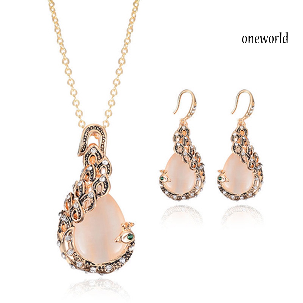 OW@ Women Elegant Waterdrop Rhinestone Pendant Necklace Hook Earrings Jewelry Set