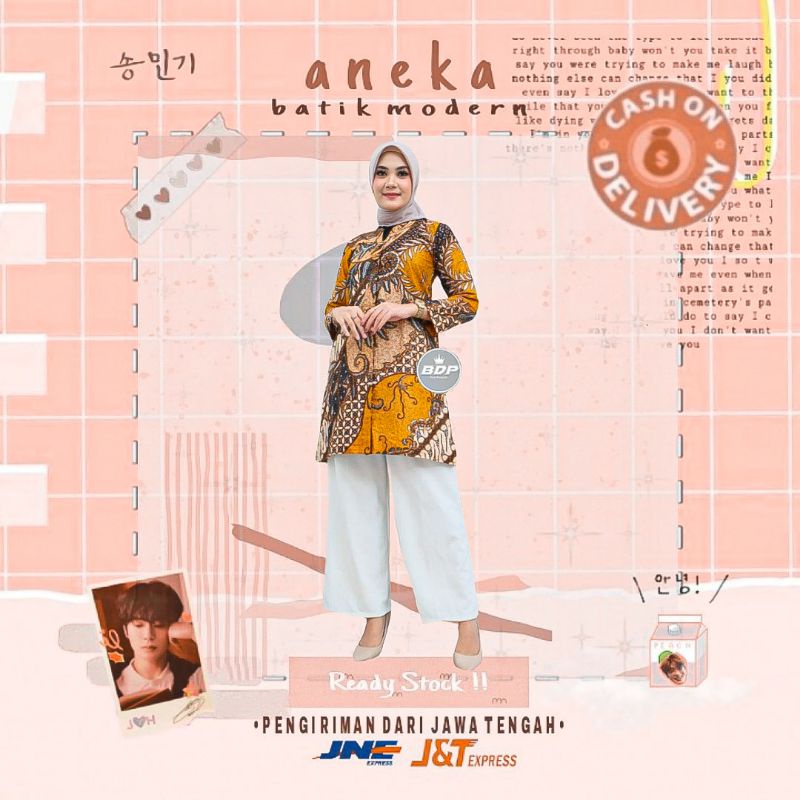 ATASAN BLOUSE BATIK CEWEK TUNIK BATIK KUNING KUNYIT MUSTARD BIG SIZE JUMBO XXXL KERJA KANTOR FORMAL