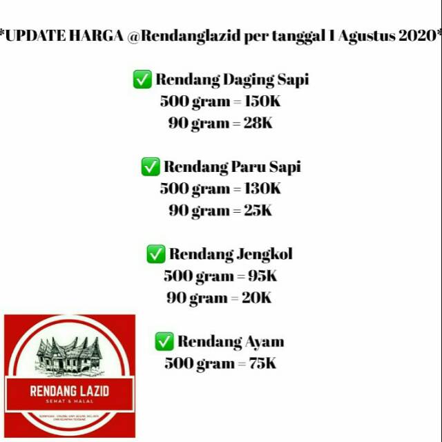 

Update harga Rendang lazid per/tanggal 1 Agustus 2020