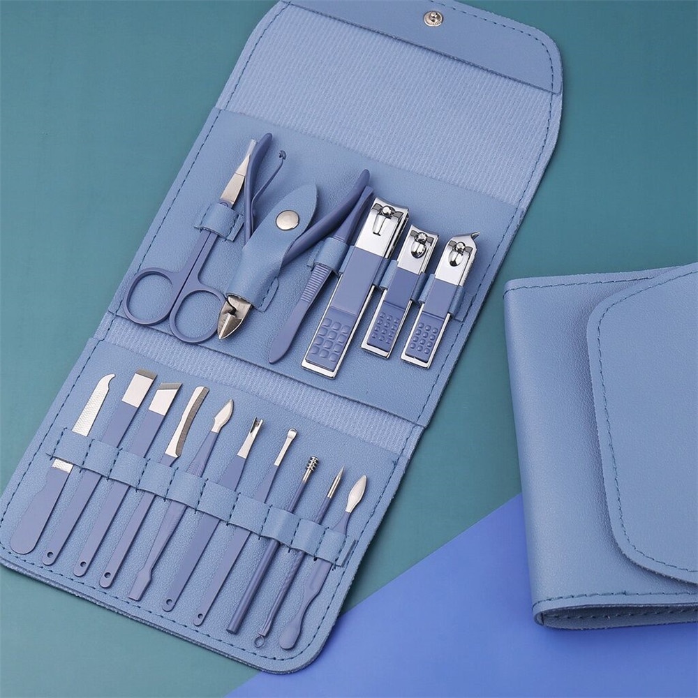 16pcs / Set Gunting Kuku Bahan Stainless Steel Dengan Tas Penyimpanan Bahan Kulit PU