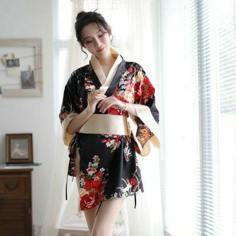 《Phiphii》PREMIUM Kimono Jepang Cosplay Sexy Lingerie Bahan Ice Silk Motif Bunga